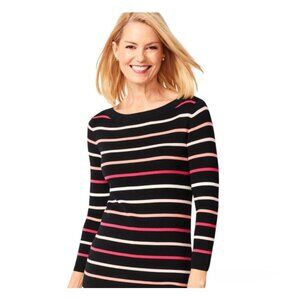 TALBOTS CLASSIC BATEAU NECK SWEATER STRIPE BLACK PINK CORAL STRIPE SIZE MP